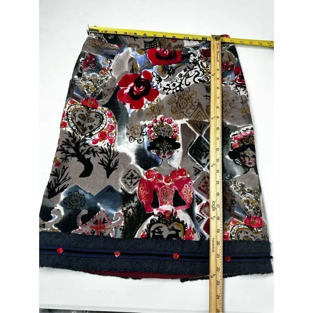 Vintage Jota Mas Ge Bohemian Size US 8 Midi Velour Skirt Straight Black Red